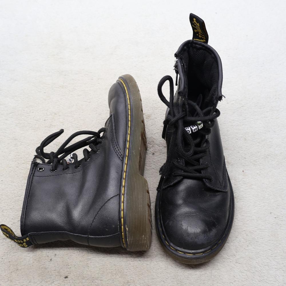 Dr. Martens Kids 2 Combat Boots Black Leather Lace Up Side Zip Classic 1460J